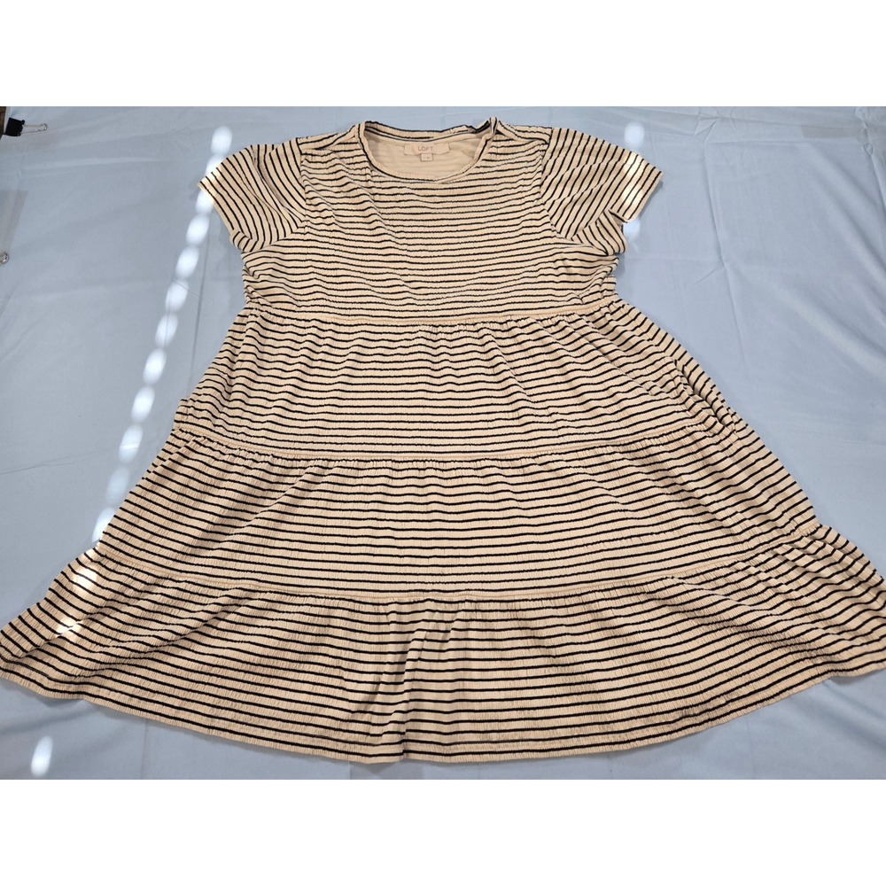Loft Womens Medium Striped Tiered Babydoll Dress Short Sleeve Navy Cream Knit